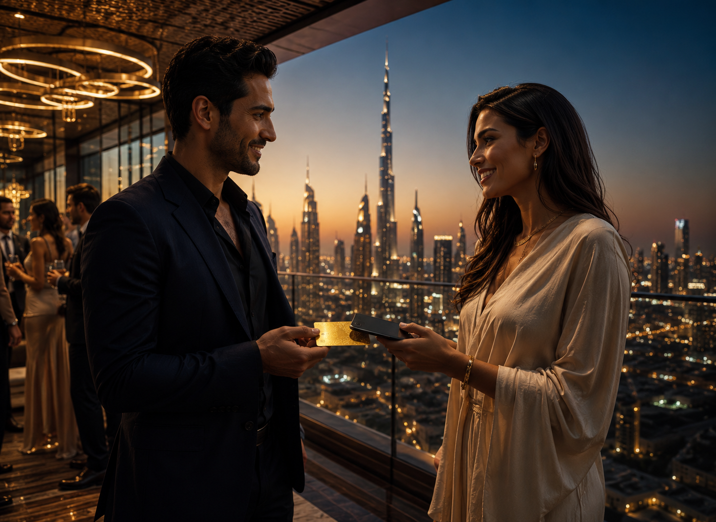 Handing over the Warmto Gold Card at a rooftop event in Dubai